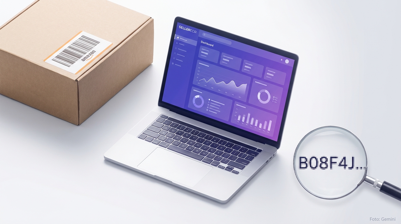 Amazon product with ASIN barcode and seller dashboard on laptop