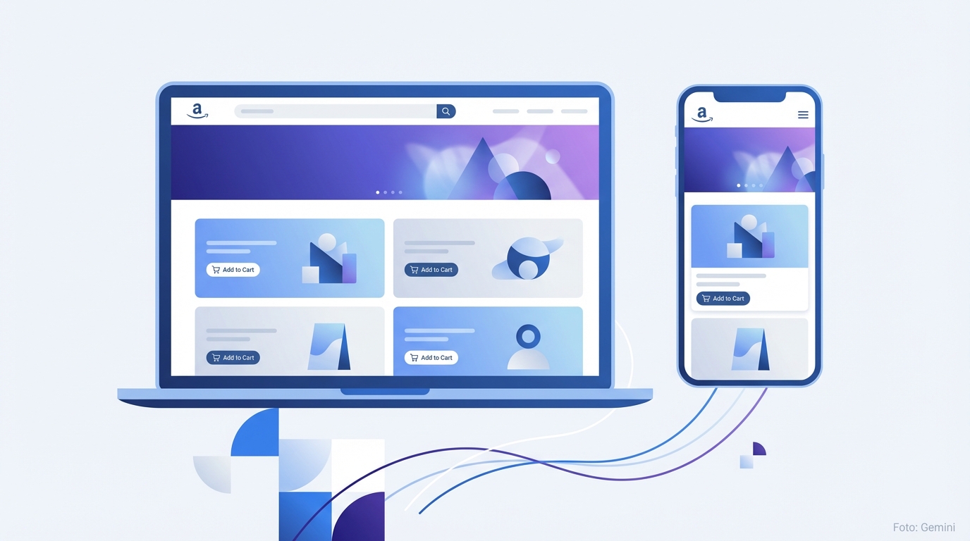 Amazon Brand Store layout with tiles and product display on desktop and smartphone