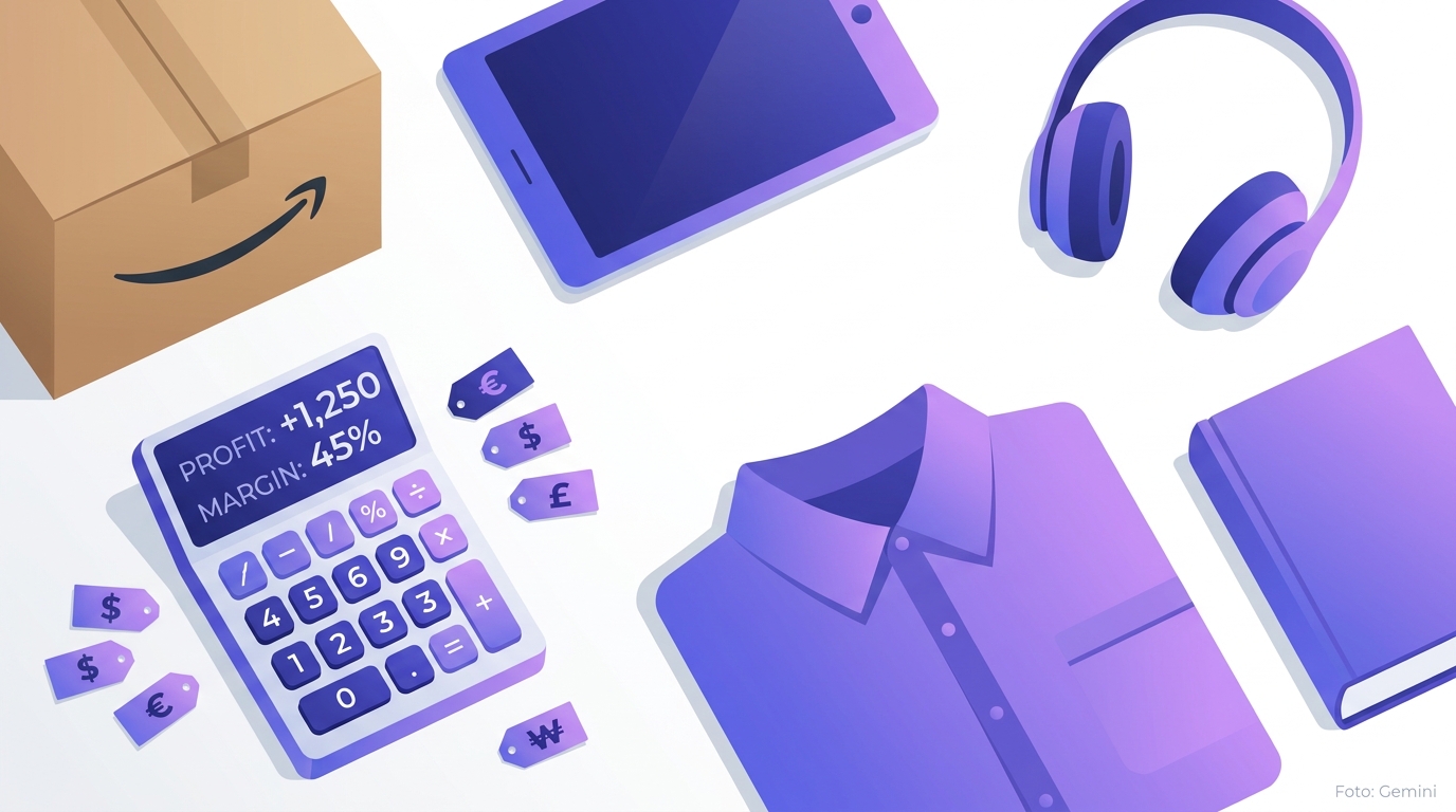Products next to an Amazon shipping box with a calculator and price tags on a white background
